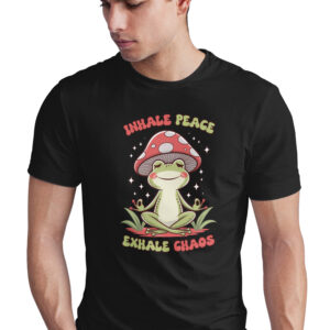 Home inhale peace exhale chaos t shirt, mushroom frog meditation tee, funny yoga shirt, quirky gift, relaxed vibes, cartoon graphic
