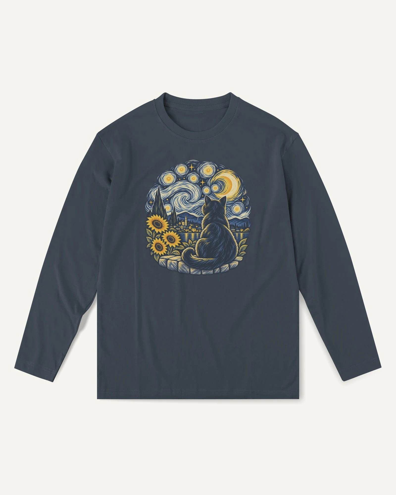 Starry Night Cat Long-Sleeve T-Shirt in Navy Blue — front Starry Night Cat Long-Sleeve T-Shirt in Navy Blue — front