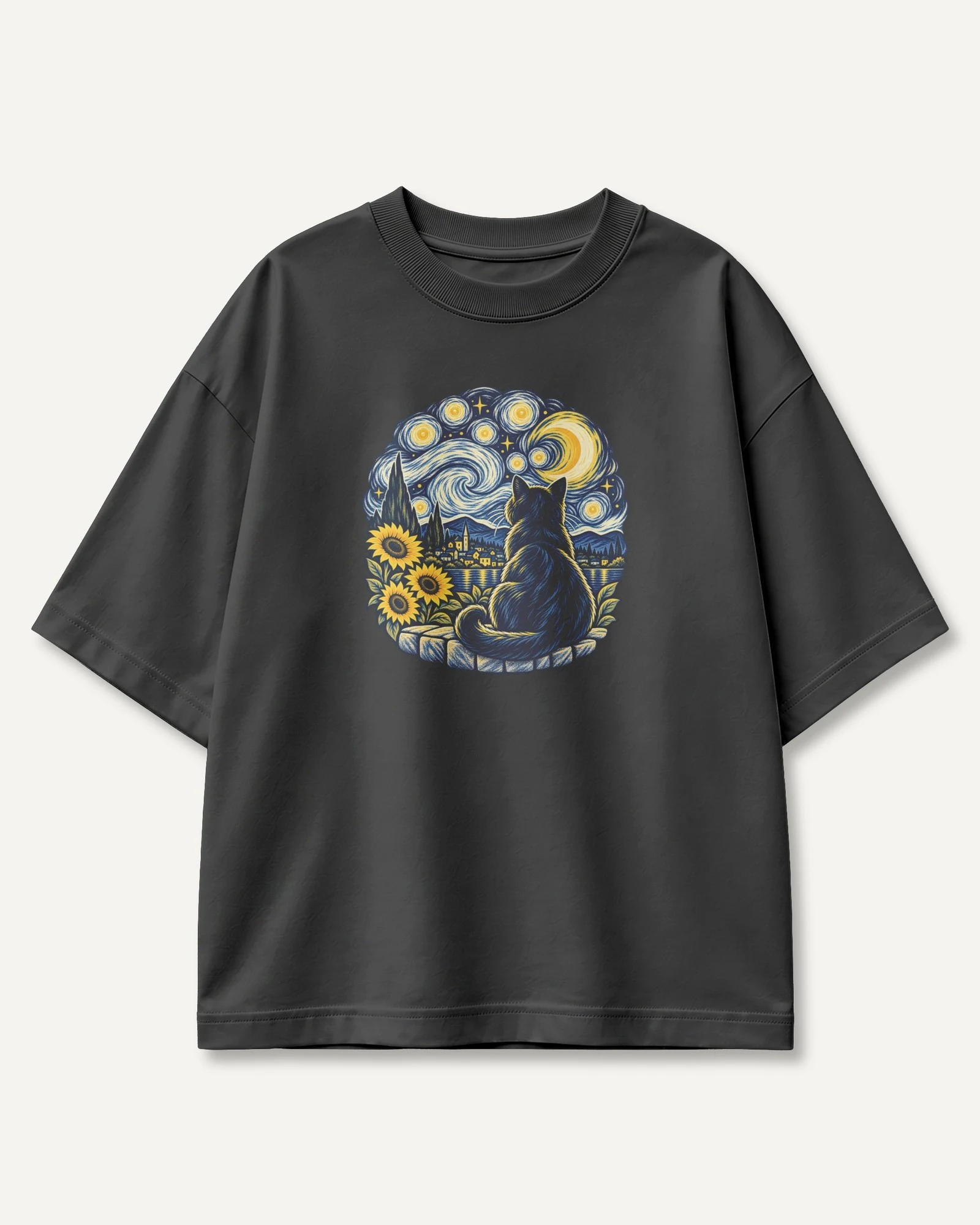 Starry Night Cat Oversized T-Shirt in Black — front Starry Night Cat Oversized T-Shirt in Black — front
