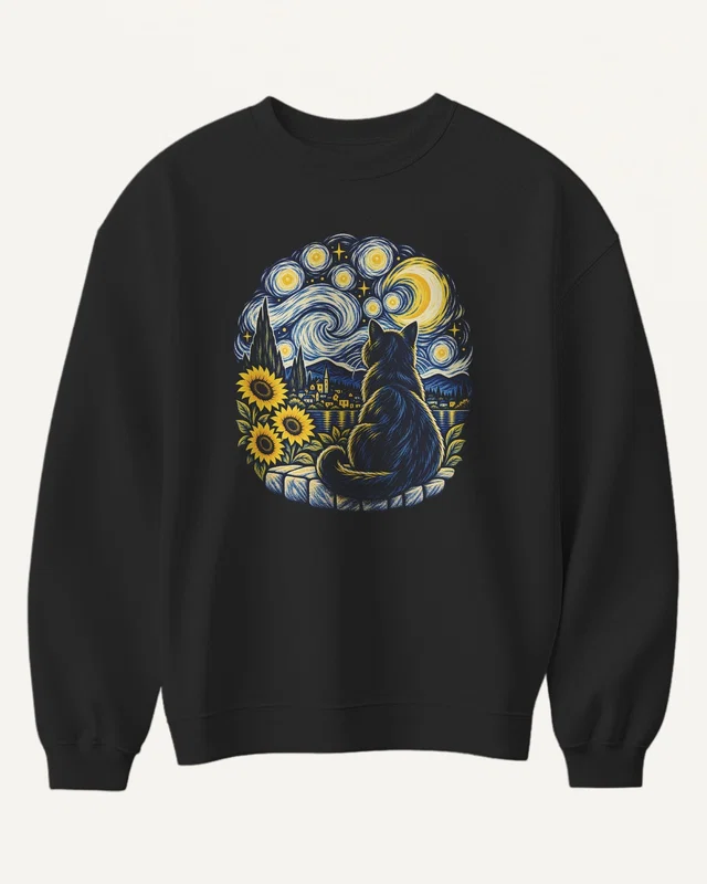 Starry Night Cat Sweatshirt in Black — front