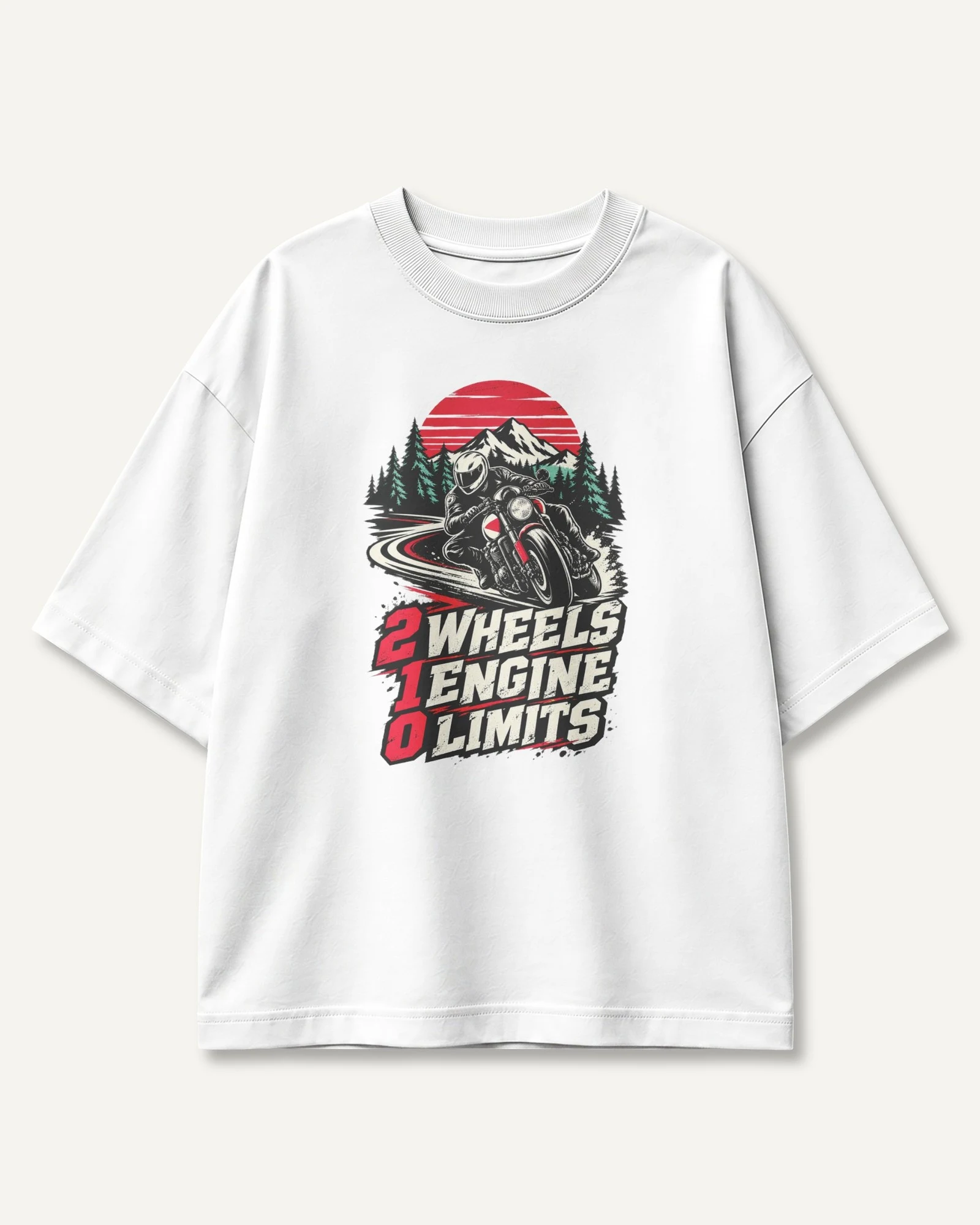 Two Wheels One Engine Zero Limits Oversized T-Shirt in White — front Two Wheels One Engine Zero Limits Oversized T-Shirt in White — front