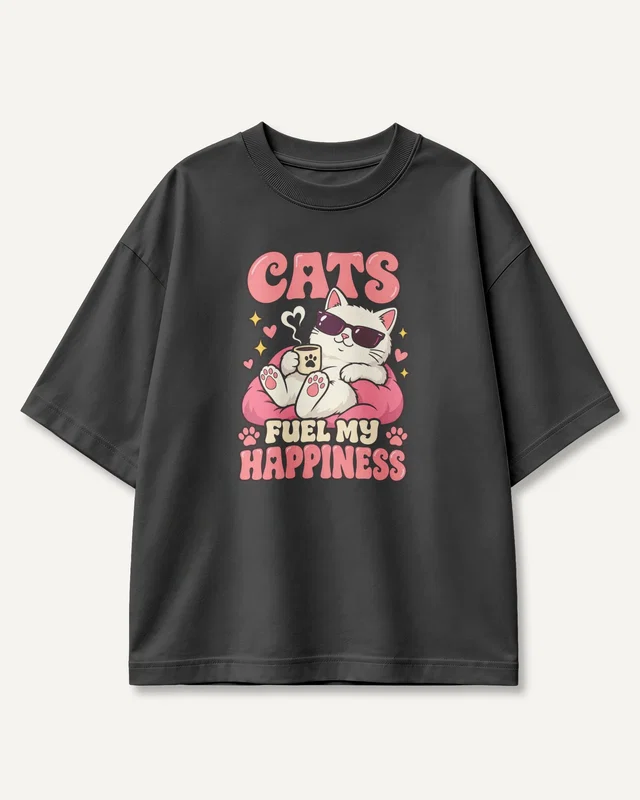 Cats Fuel My Happiness Oversized T-Shirt in Black — front