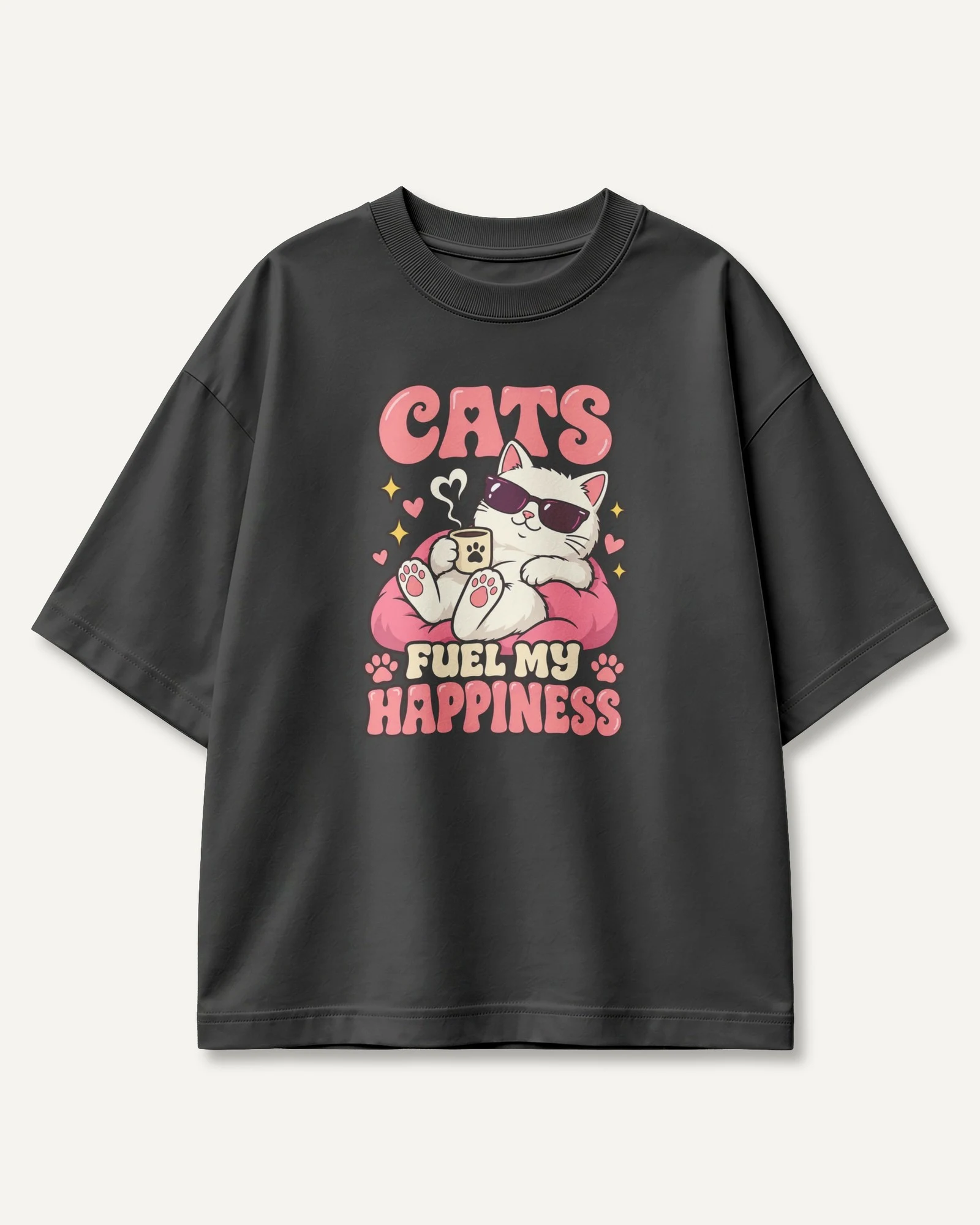 Cats Fuel My Happiness Oversized T-Shirt in Black — front Cats Fuel My Happiness Oversized T-Shirt in Black — front