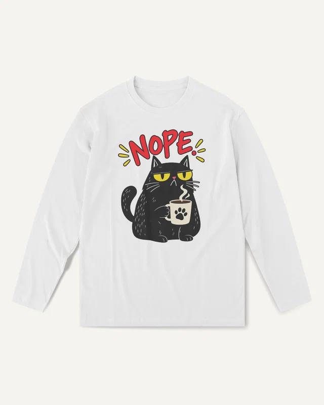 Nope Cat Long-Sleeve T-Shirt in White — front