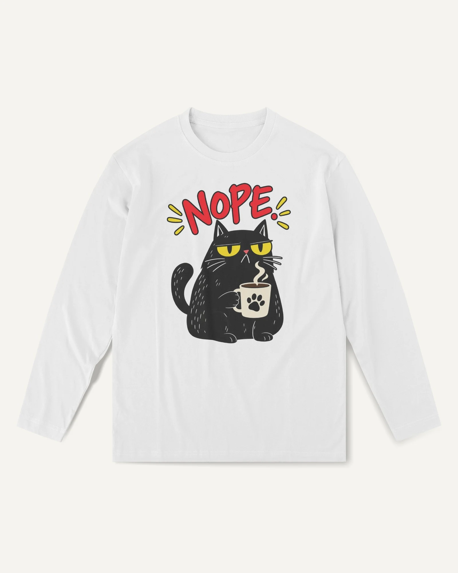 Nope Cat Long-Sleeve T-Shirt in White — front Nope Cat Long-Sleeve T-Shirt in White — front