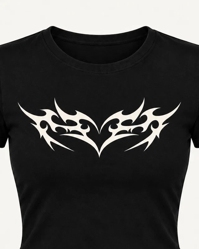 Abstract Tribal Heart Graphic Crop Top in Black — cropped design detail