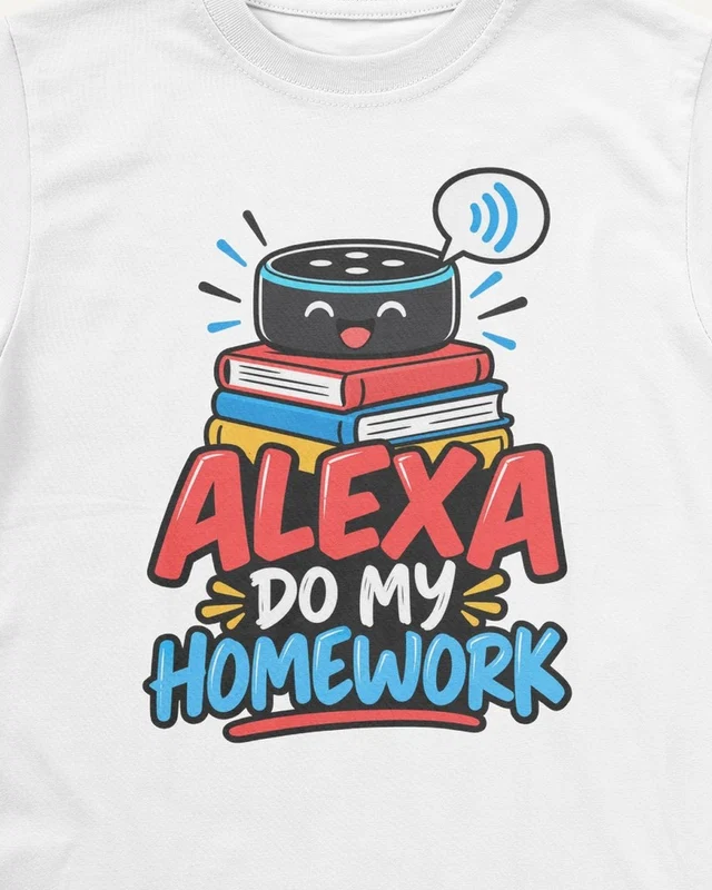 Alexa Do My Homework Kids’ T-Shirt in White — design detail