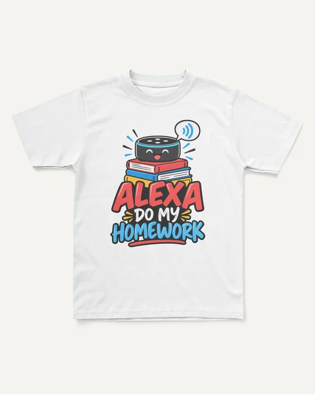 Alexa Do My Homework Kids’ T-Shirt in White — front