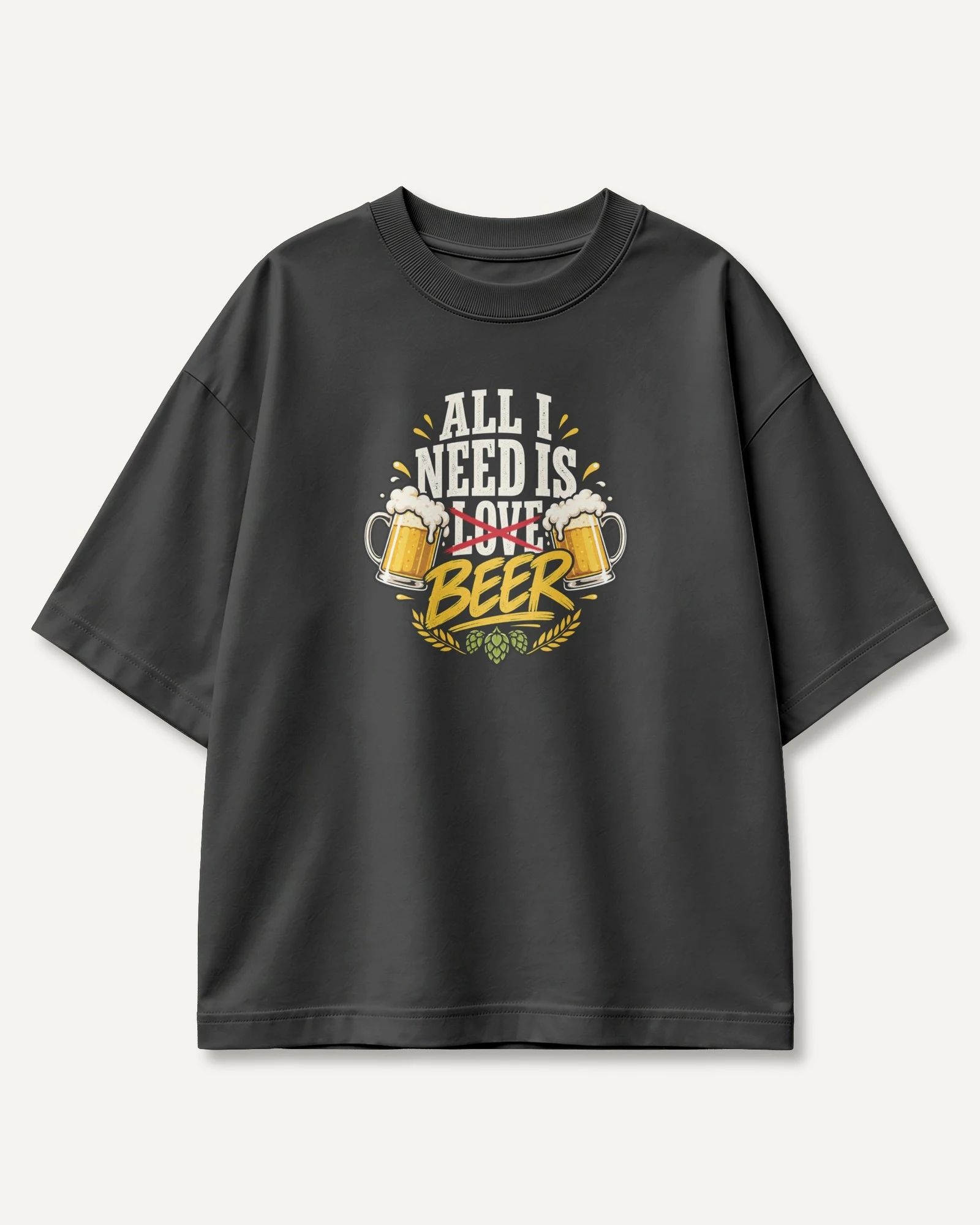 All I Need Is Beer Oversized T-Shirt in Black — front All I Need Is Beer Oversized T-Shirt in Black — front