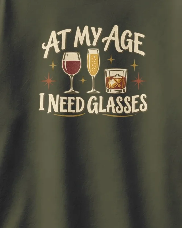 At My Age I Need Glasses Oversized T-Shirt in Olive Green — design detail