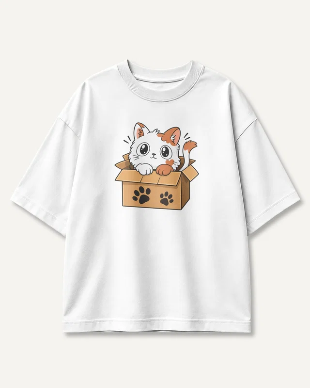 Kitten in a Box Oversized T-Shirt in White — front