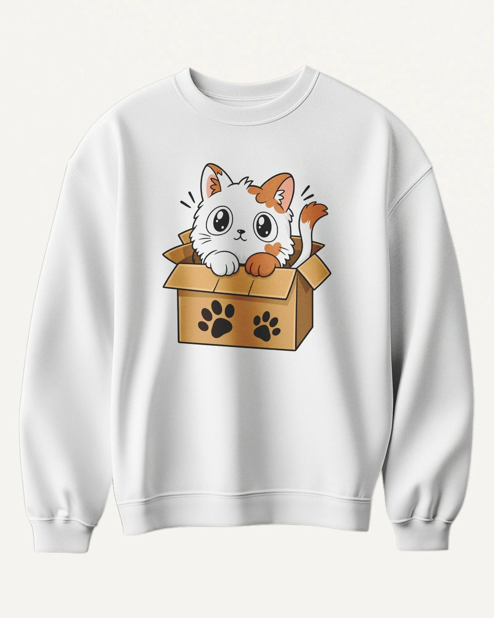Kitten in a Box Sweatshirt in White — front Kitten in a Box Sweatshirt in White — front