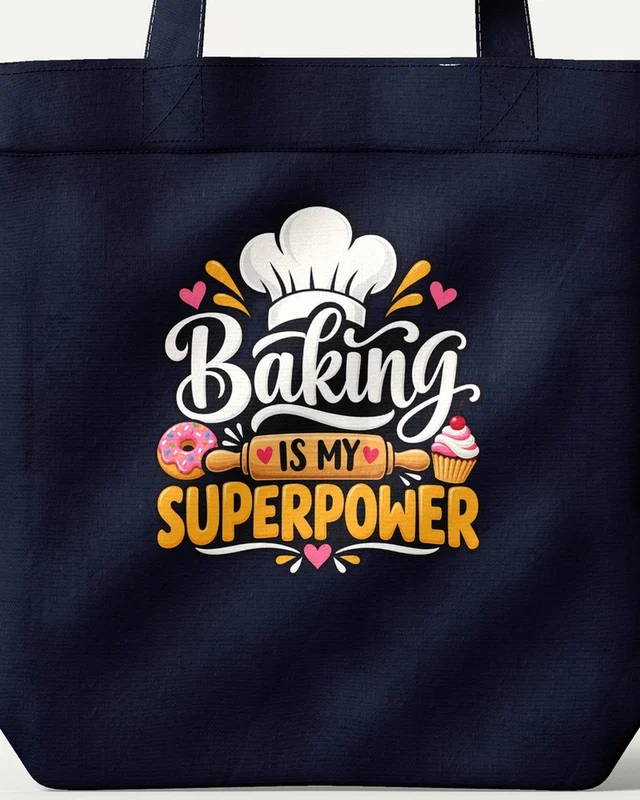 Baking Is My Superpower Zipper Tote Bag in Navy Blue — design detail