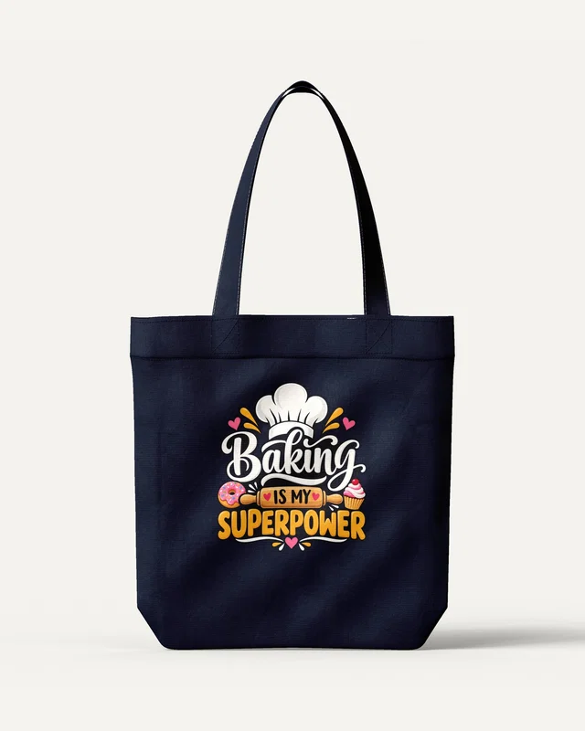 Baking Is My Superpower Zipper Tote Bag in Navy Blue — front