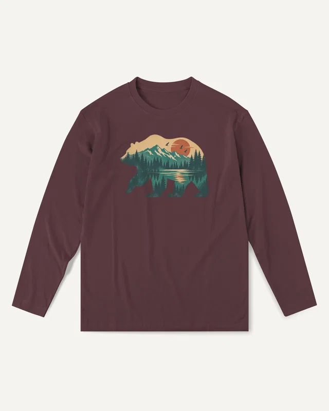 Mountain Forest Bear Long-Sleeve T-Shirt in Maroon — front