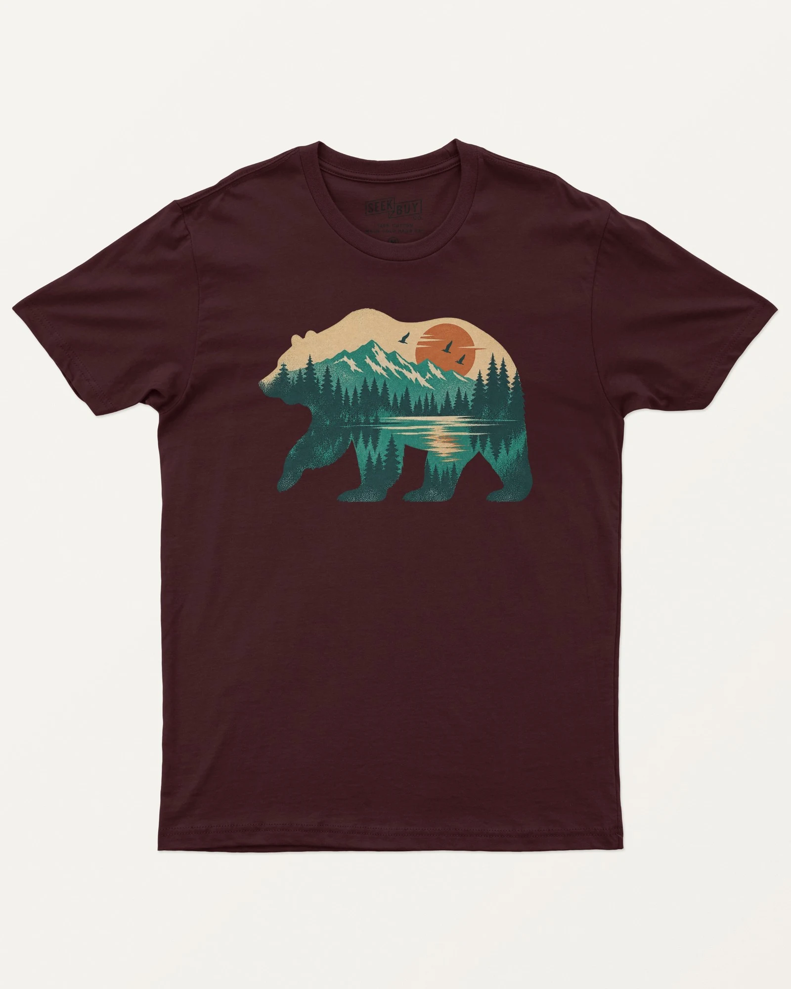 Mountain Forest Bear Regular T-Shirt in Maroon — front Mountain Forest Bear Regular T-Shirt in Maroon — front