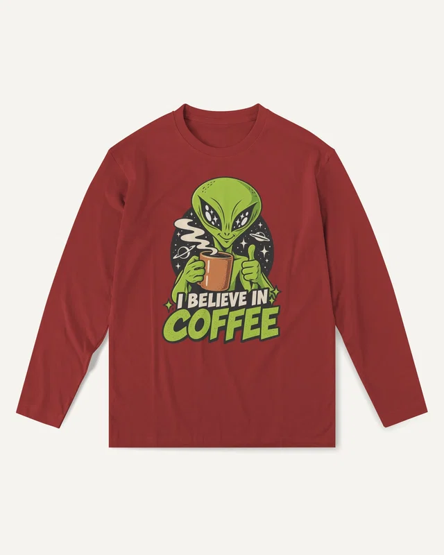 I Believe in Coffee Long-Sleeve T-Shirt in Red — front