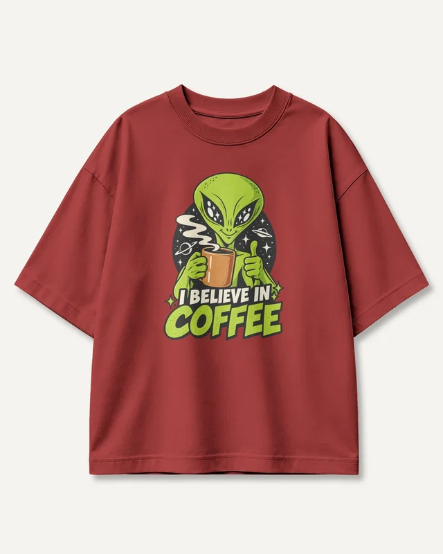 I Believe in Coffee Oversized T-Shirt in Red — front