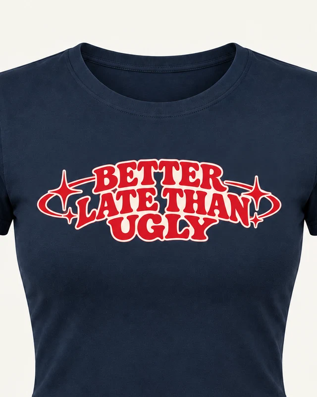 Better Late Than Ugly Graphic Crop Top in Navy Blue — cropped design detail