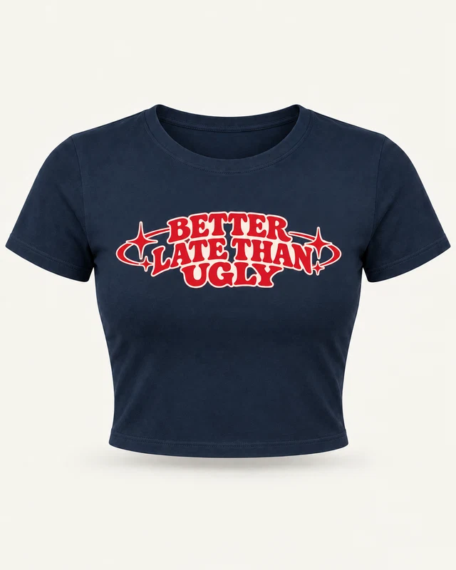 Better Late Than Ugly Graphic Crop Top in Navy Blue — product front