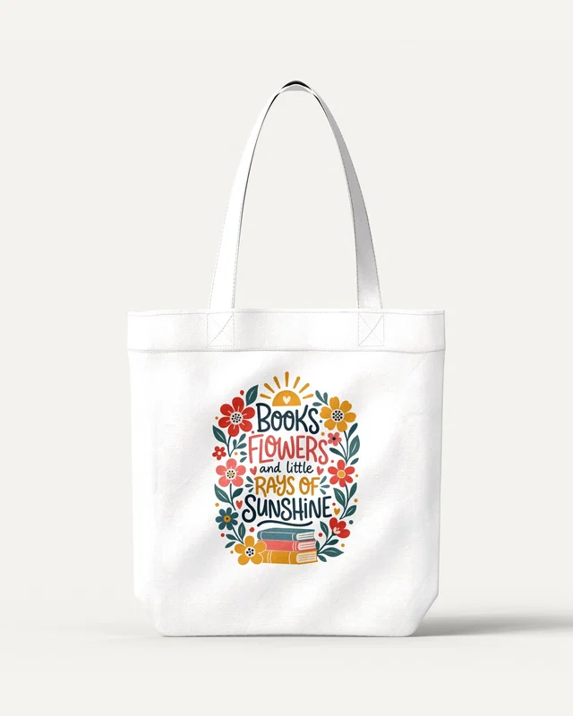 Books Flowers and Rays of Sunshine Zipper Tote Bag in White — front