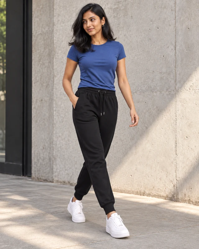 Essential Regular Fit Joggers in Black — Walking view