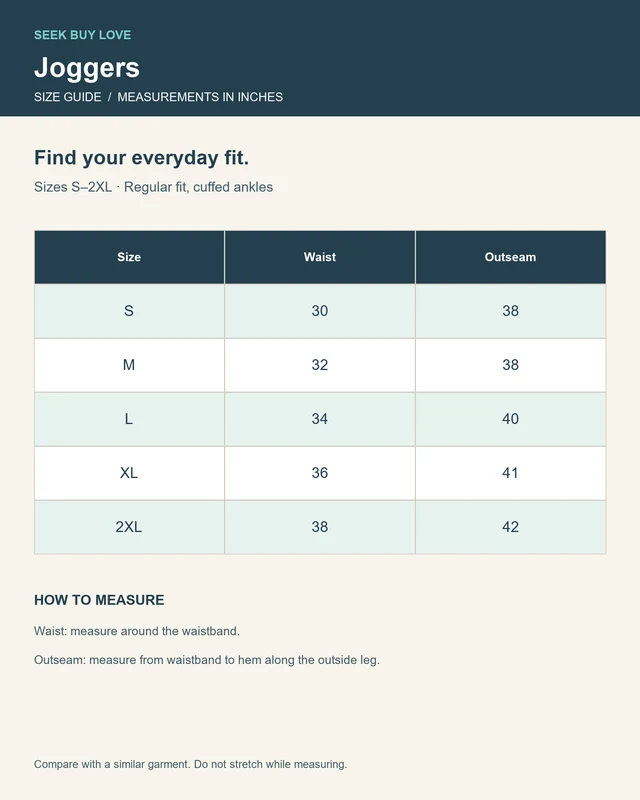 Essential Regular Fit Joggers size chart in inches