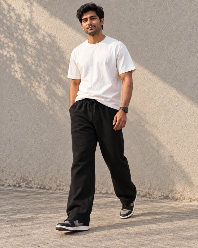 Essential Loose Fit Sweatpants in Black — Walking view