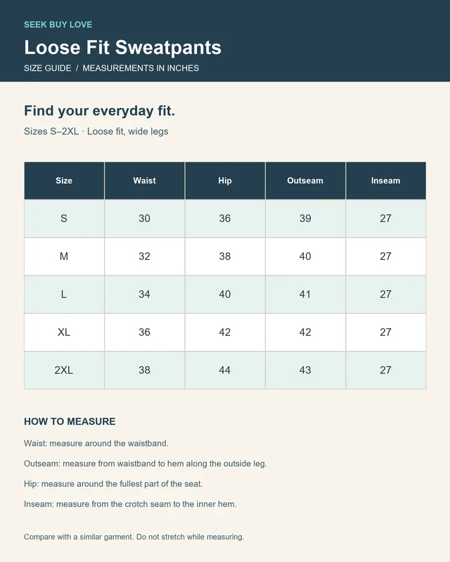 Essential Loose Fit Sweatpants size chart in inches