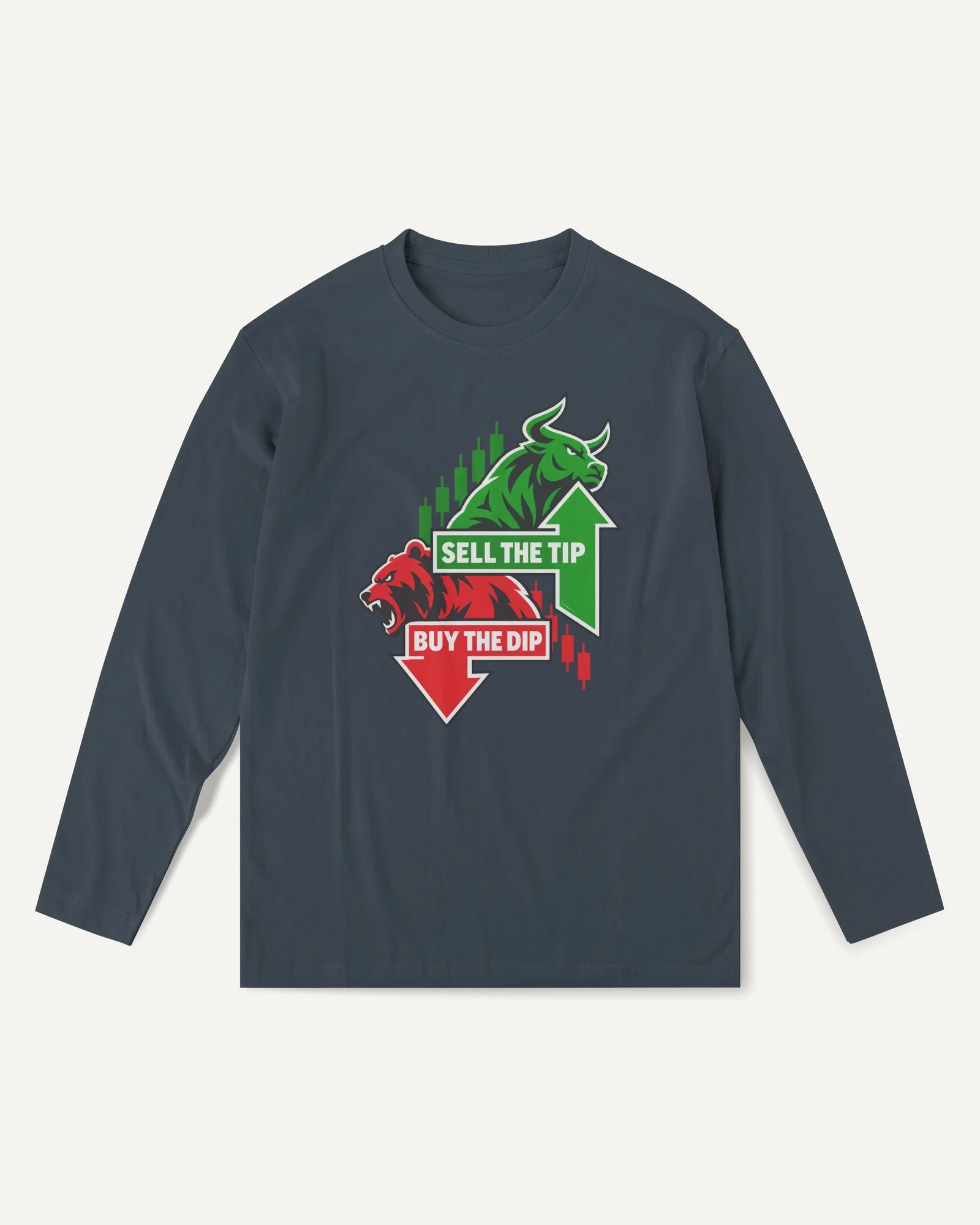 Buy the Dip Sell the Tip Long-Sleeve T-Shirt in Navy Blue — front Buy the Dip Sell the Tip Long-Sleeve T-Shirt in Navy Blue — front