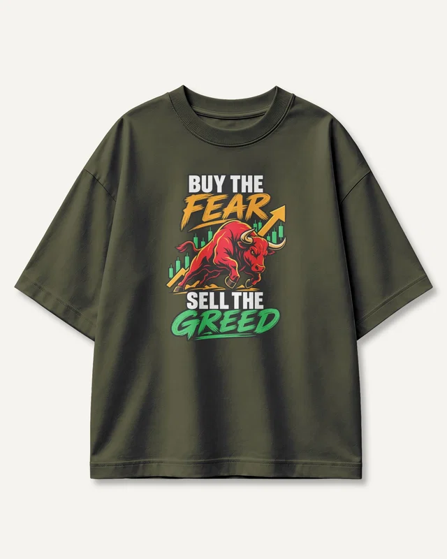 Buy the Fear Sell the Greed Oversized T-Shirt in Olive Green — front