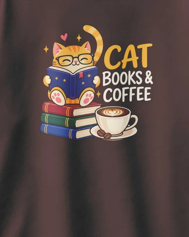Cat Books and Coffee Oversized T-Shirt in Maroon — design detail