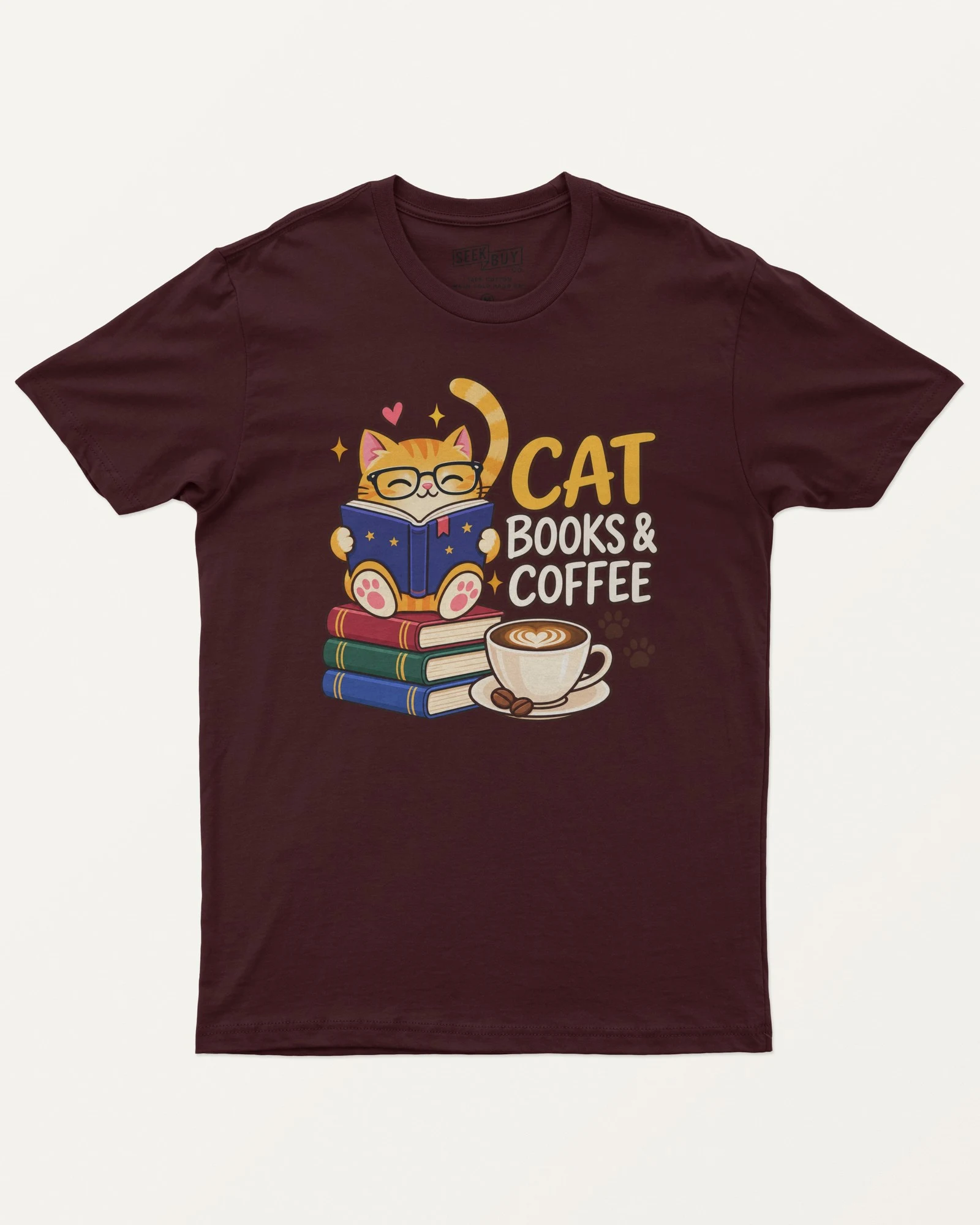 Cat Books and Coffee Regular T-Shirt in Maroon — front Cat Books and Coffee Regular T-Shirt in Maroon — front