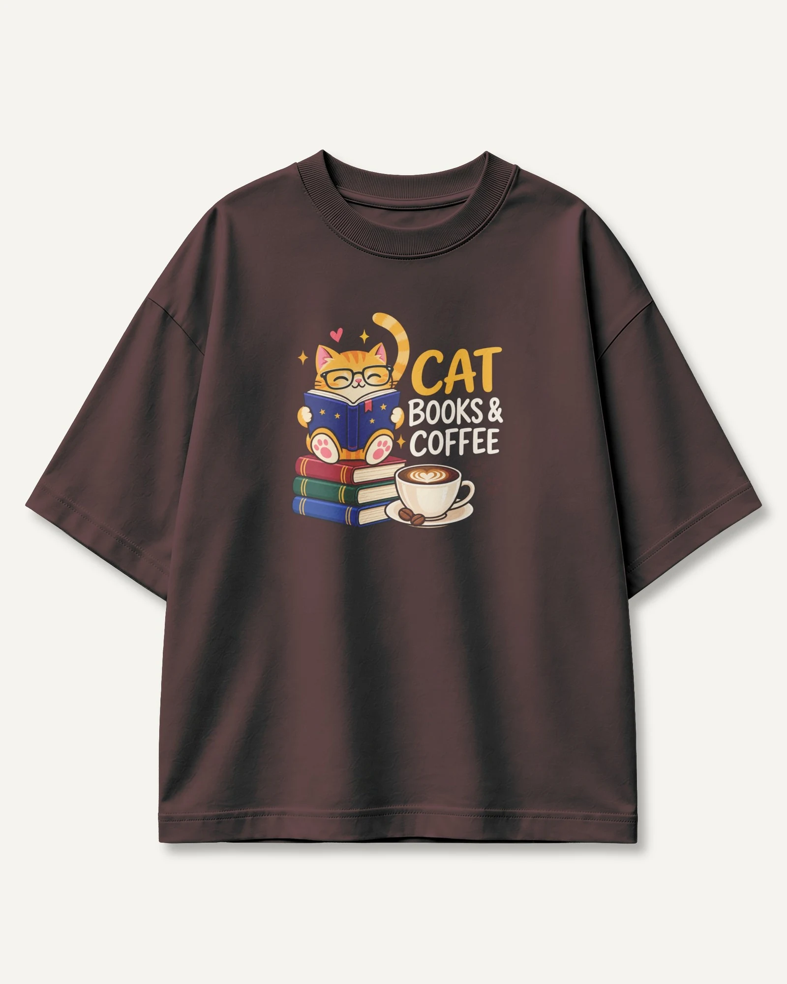 Cat Books and Coffee Oversized T-Shirt in Maroon — front Cat Books and Coffee Oversized T-Shirt in Maroon — front