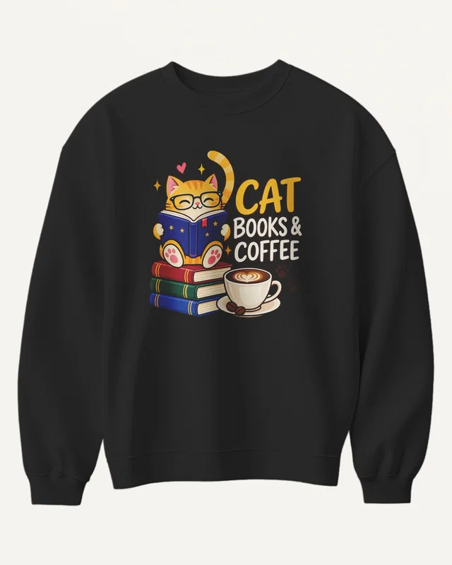 Cat Books and Coffee Sweatshirt in Black — front