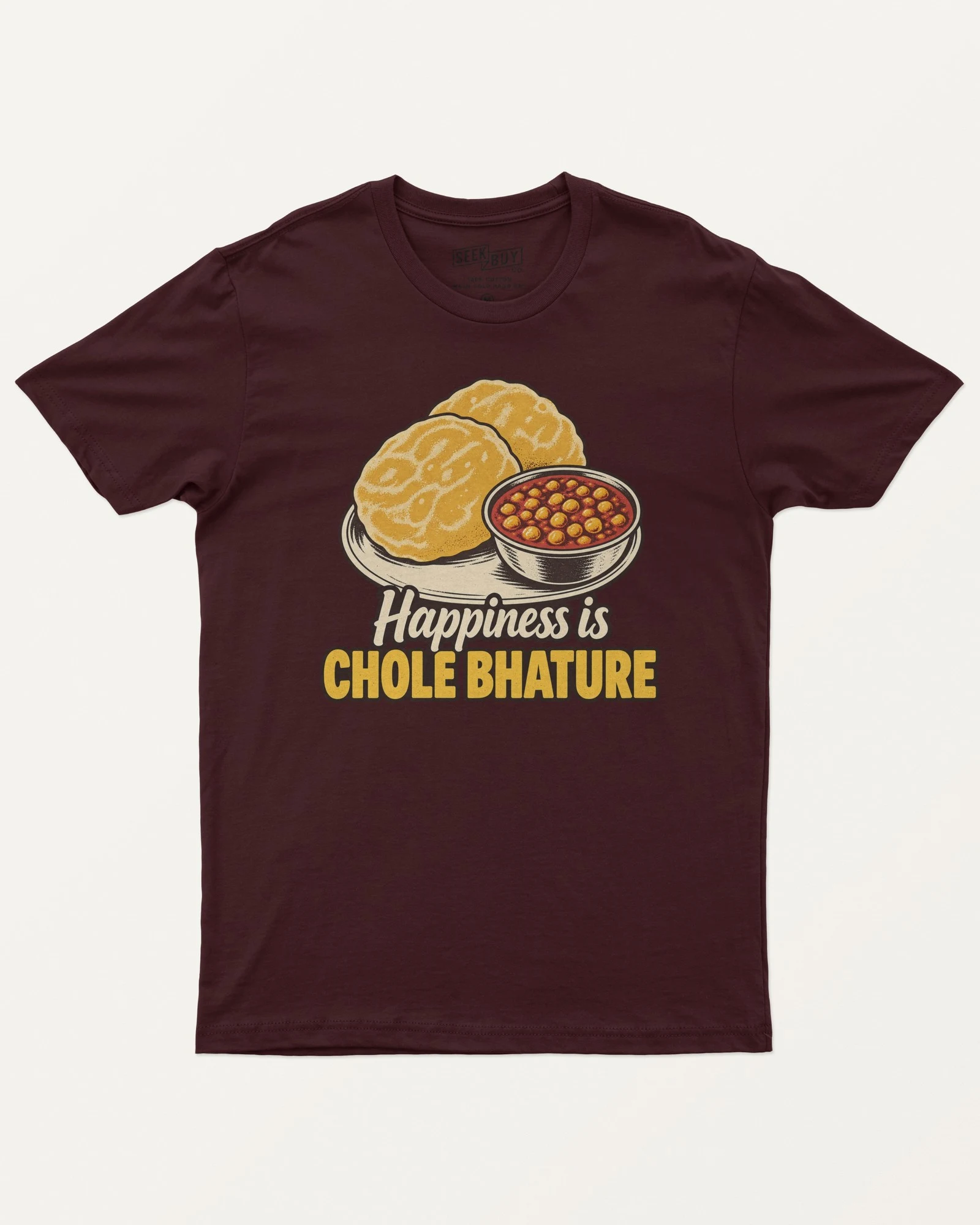 Happiness Is Chole Bhature Regular T-Shirt in Maroon — front Happiness Is Chole Bhature Regular T-Shirt in Maroon — front