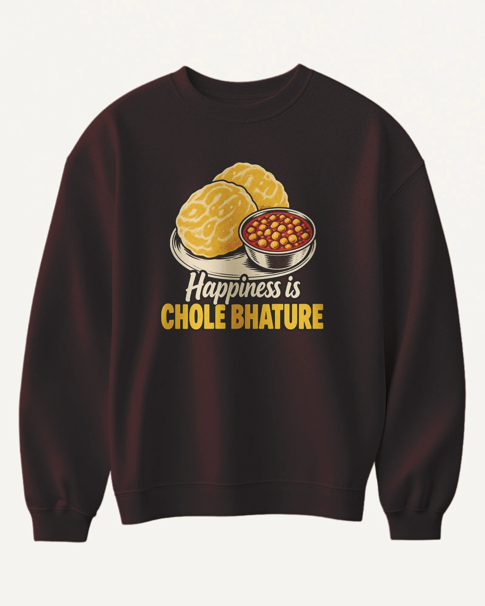 Happiness Is Chole Bhature Sweatshirt in Maroon — front Happiness Is Chole Bhature Sweatshirt in Maroon — front