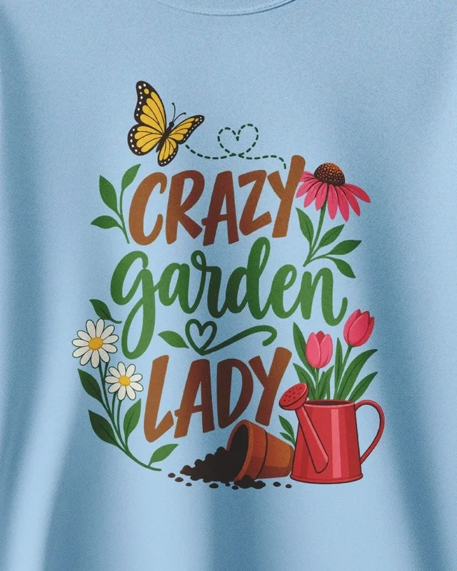 Crazy Garden Lady Sweatshirt in Baby Blue — design detail