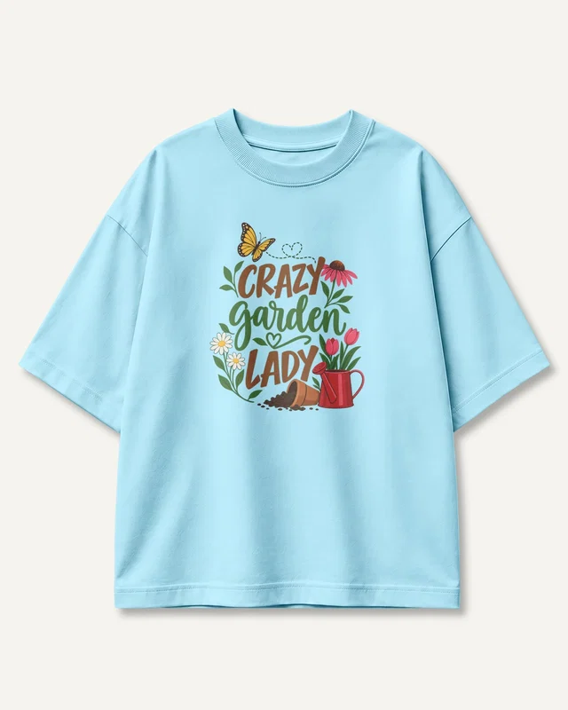 Crazy Garden Lady Oversized T-Shirt in Baby Blue — front