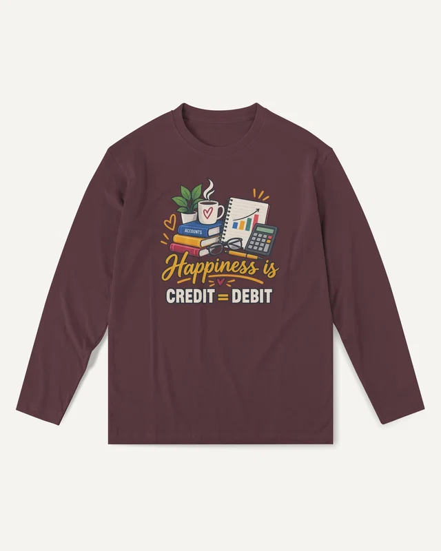 Happiness Is Credit Equals Debit Long-Sleeve T-Shirt in Maroon — front