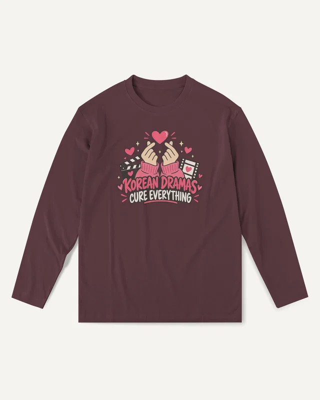 Korean Dramas Cure Everything Long-Sleeve T-Shirt in Maroon — front