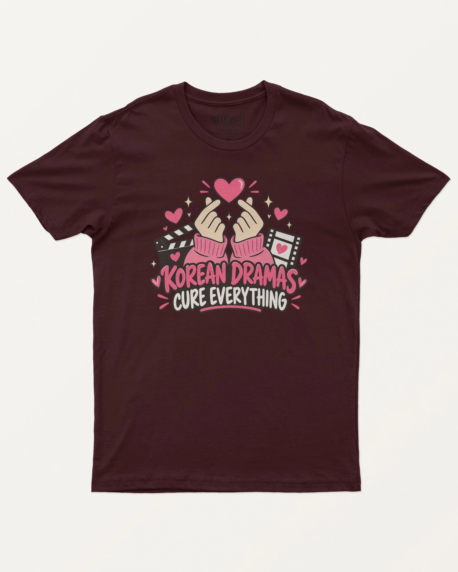 Korean Dramas Cure Everything Regular T-Shirt in Maroon — front Korean Dramas Cure Everything Regular T-Shirt in Maroon — front