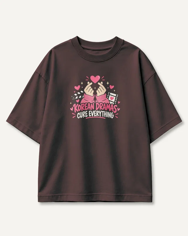 Korean Dramas Cure Everything Oversized T-Shirt in Maroon — front