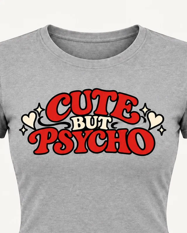 Cute but Psycho Graphic Crop Top in Grey Melange — cropped design detail