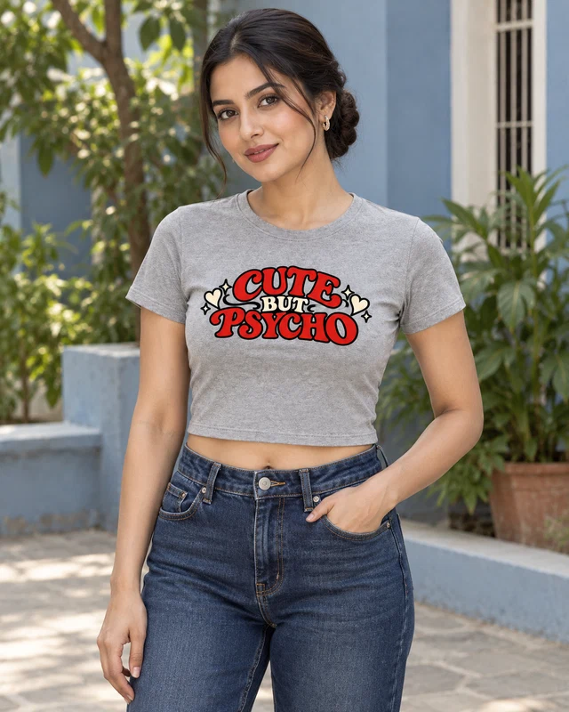 Cute but Psycho Graphic Crop Top in Grey Melange — model view 1