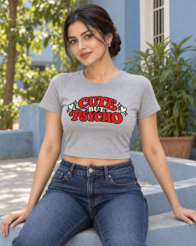 Cute but Psycho Graphic Crop Top in Grey Melange — model view 2