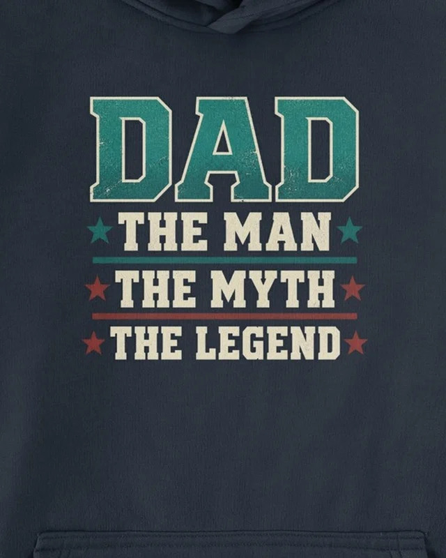 Dad: The Man, the Myth, the Legend Graphic Hoodie in Navy Blue — cropped design detail