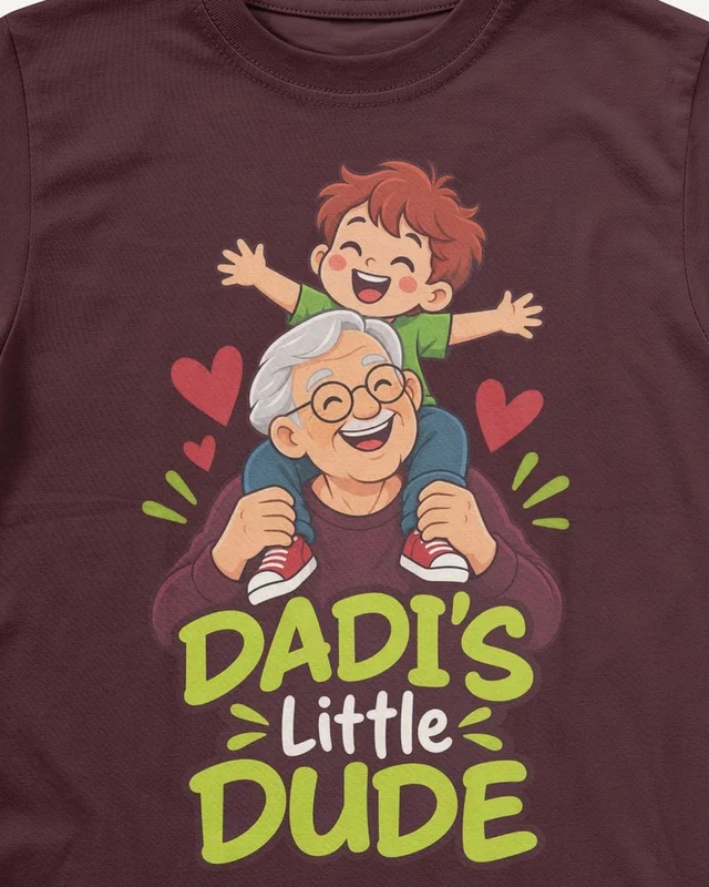 Dadi's Little Dude Kids’ T-Shirt in Maroon — design detail