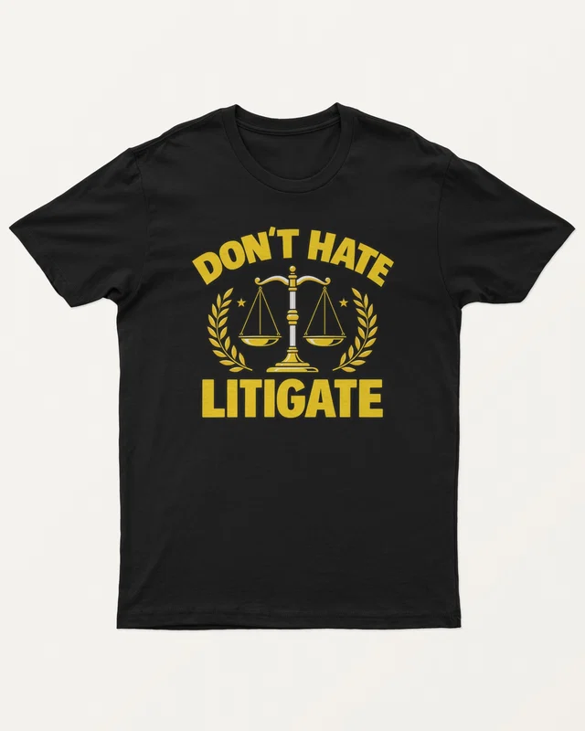 Don't Hate Litigate Regular T-Shirt in Black — front