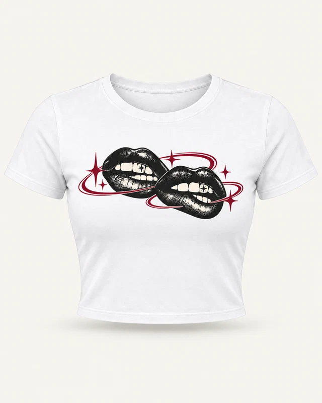 Double Lips Graphic Crop Top in White — product front